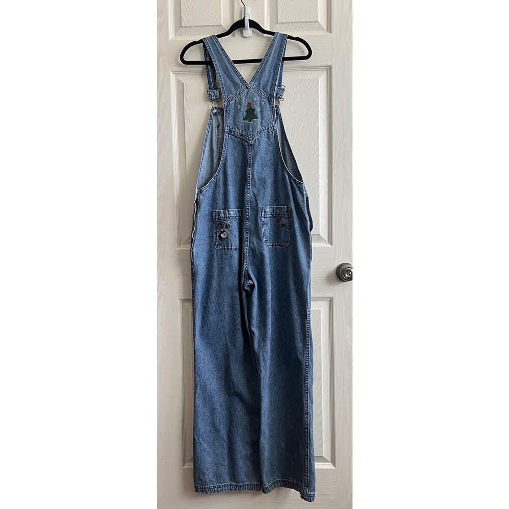 CHRISTOPHER & BANKS Vintage Christmas Appliqué Wide Leg Denim Jean Overalls Sz L - Picture 6 of 16